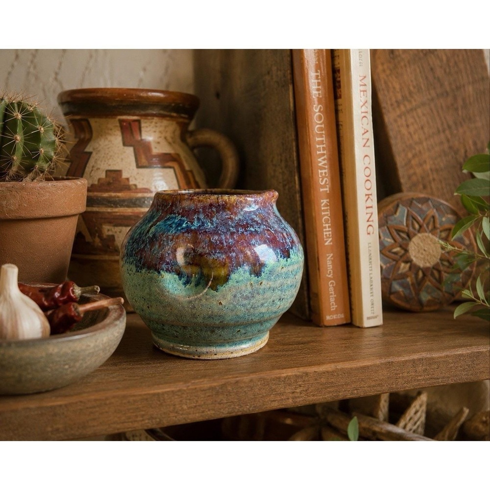 Studio Art Pottery Mini Creamer Pitcher Drip Glaze Signed Thumb Pour Notch boho